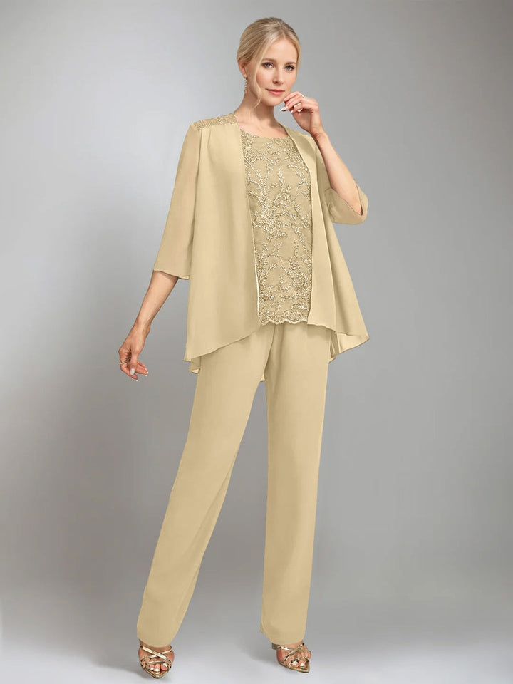 3 Morceaux Scoop Sans Manches La Longueur du SolTailleurs-pantalons pour mère de la mariée avec veste