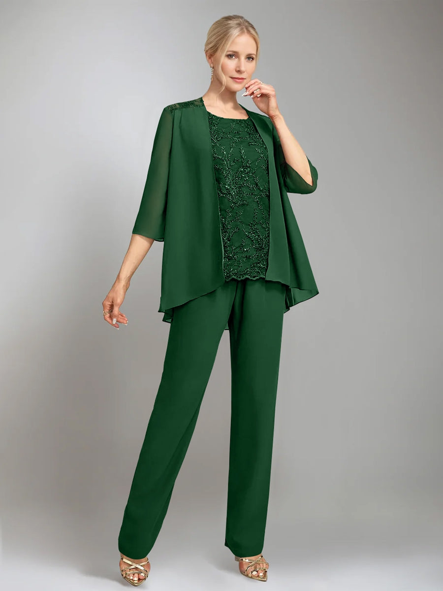 3 Morceaux Scoop Sans Manches La Longueur du SolTailleurs-pantalons pour mère de la mariée avec veste