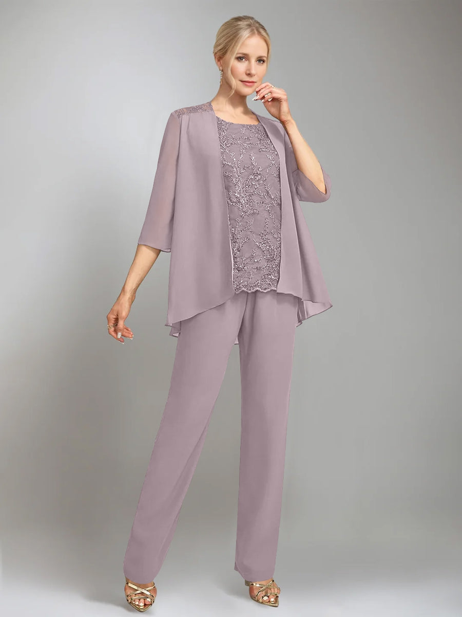 3 Morceaux Scoop Sans Manches La Longueur du SolTailleurs-pantalons pour mère de la mariée avec veste