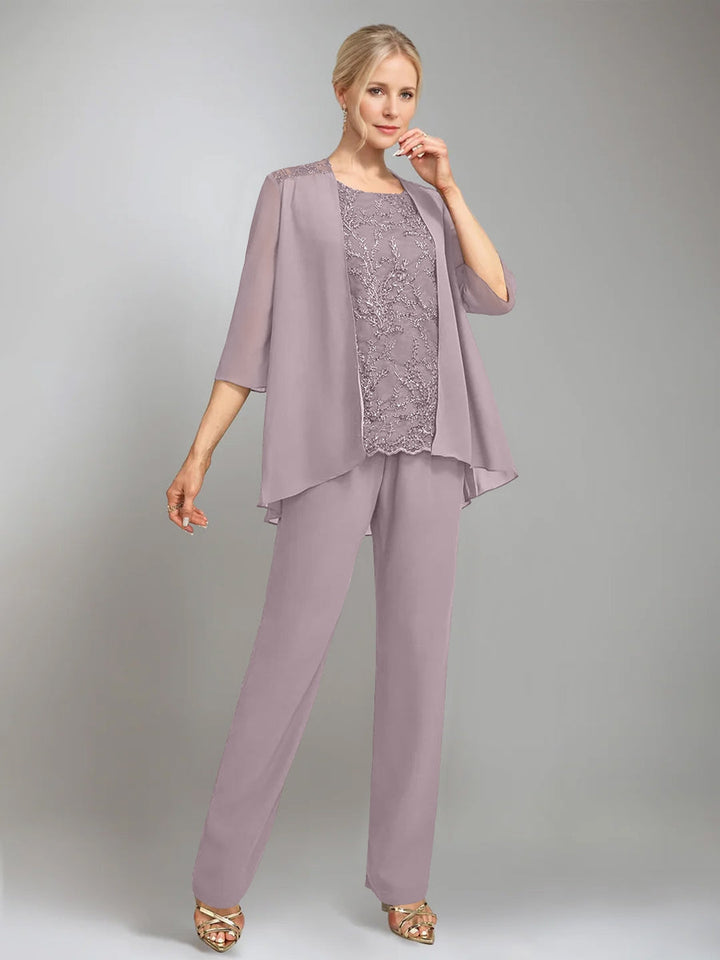 3 Morceaux Scoop Sans Manches La Longueur du SolTailleurs-pantalons pour mère de la mariée avec veste