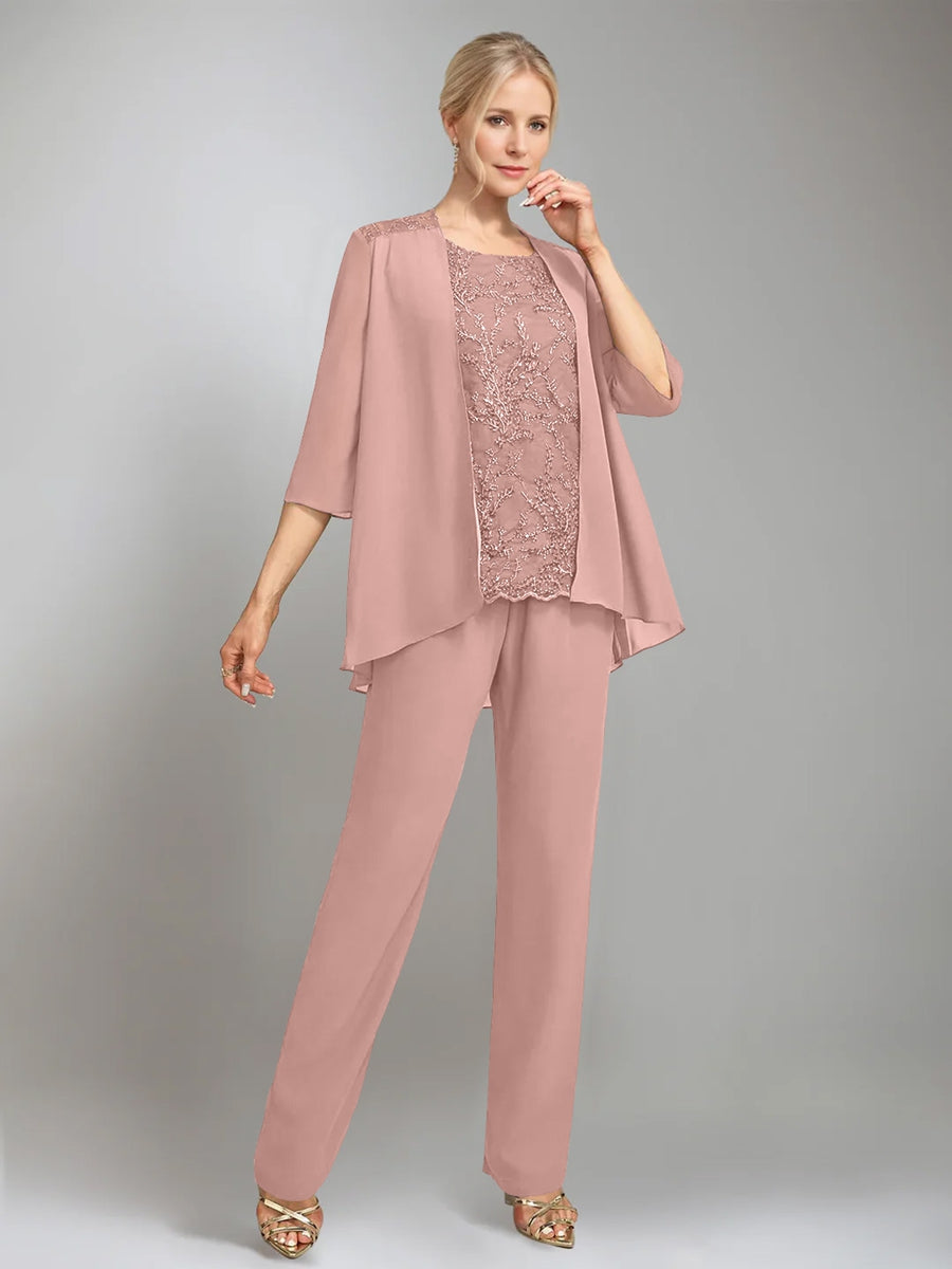 3 Morceaux Scoop Sans Manches La Longueur du SolTailleurs-pantalons pour mère de la mariée avec veste