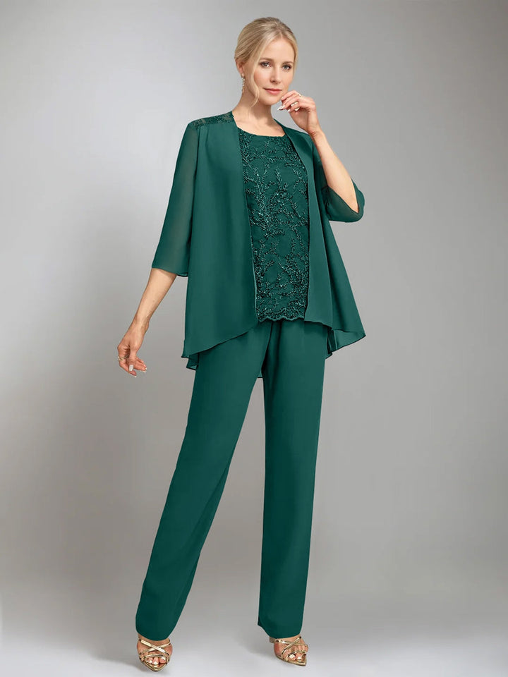 3 Morceaux Scoop Sans Manches La Longueur du SolTailleurs-pantalons pour mère de la mariée avec veste