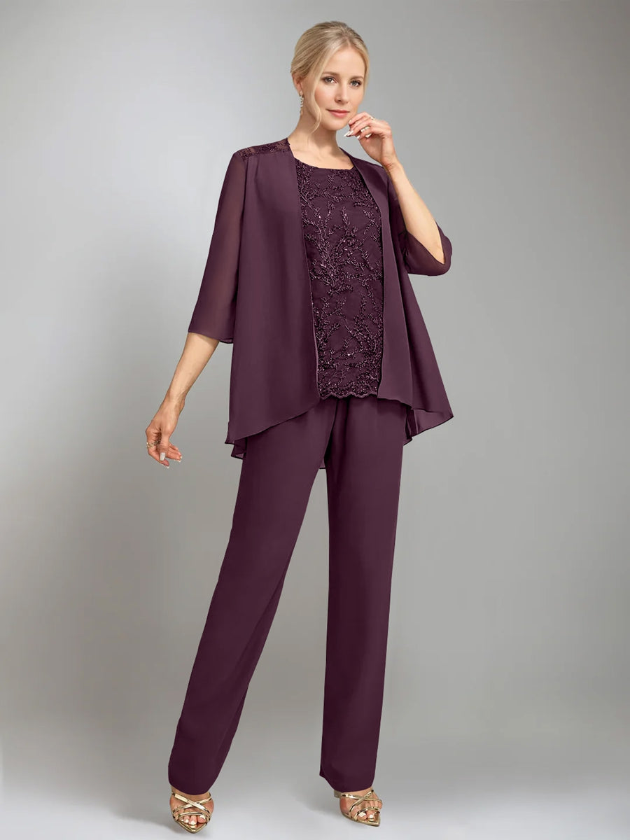 3 Morceaux Scoop Sans Manches La Longueur du SolTailleurs-pantalons pour mère de la mariée avec veste