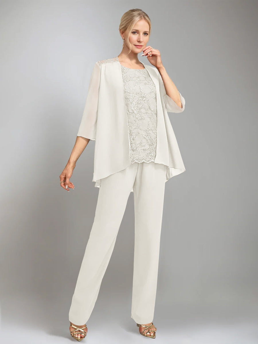 3 Morceaux Scoop Sans Manches La Longueur du SolTailleurs-pantalons pour mère de la mariée avec veste