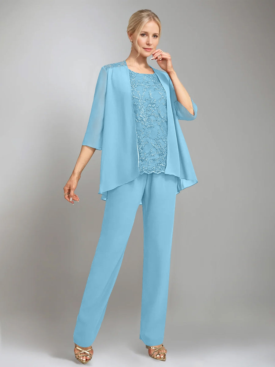 3 Morceaux Scoop Sans Manches La Longueur du SolTailleurs-pantalons pour mère de la mariée avec veste