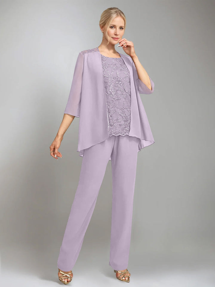 3 Morceaux Scoop Sans Manches La Longueur du SolTailleurs-pantalons pour mère de la mariée avec veste