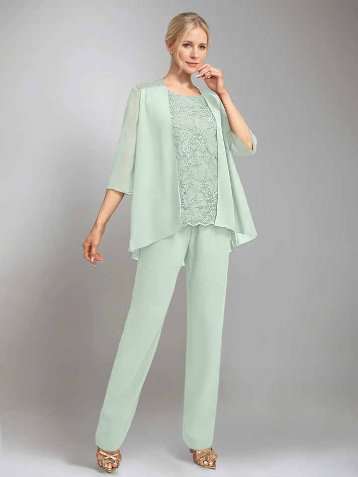 3 Morceaux Scoop Sans Manches La Longueur du SolTailleurs-pantalons pour mère de la mariée avec veste