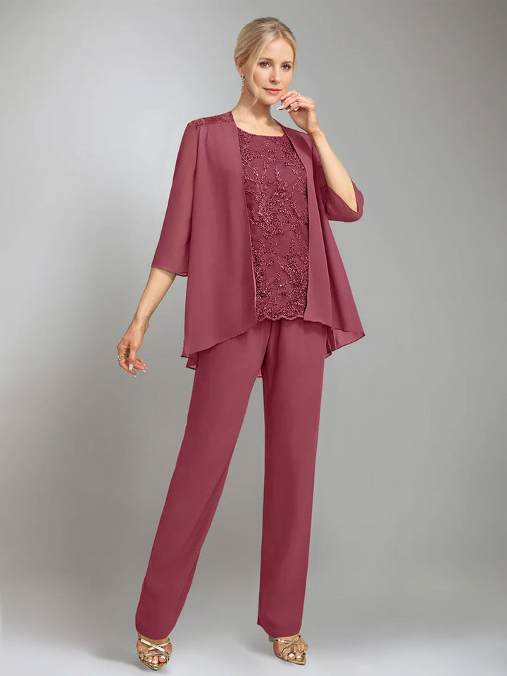 3 Morceaux Scoop Sans Manches La Longueur du SolTailleurs-pantalons pour mère de la mariée avec veste