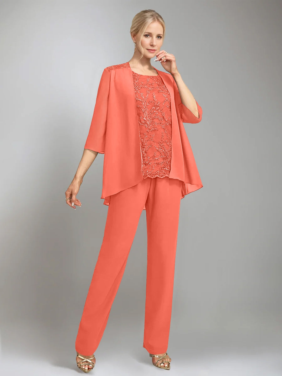 3 Morceaux Scoop Sans Manches La Longueur du SolTailleurs-pantalons pour mère de la mariée avec veste