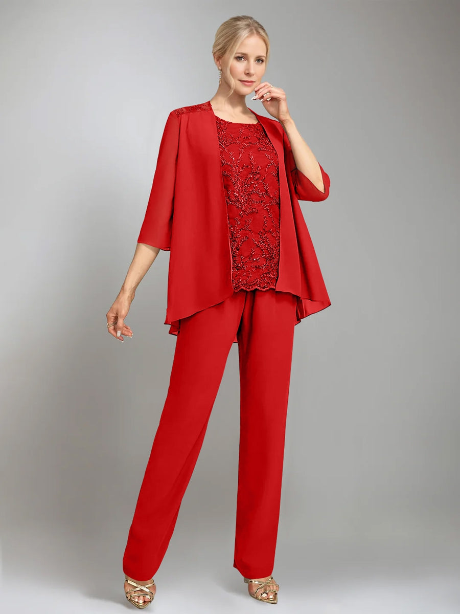 3 Morceaux Scoop Sans Manches La Longueur du SolTailleurs-pantalons pour mère de la mariée avec veste