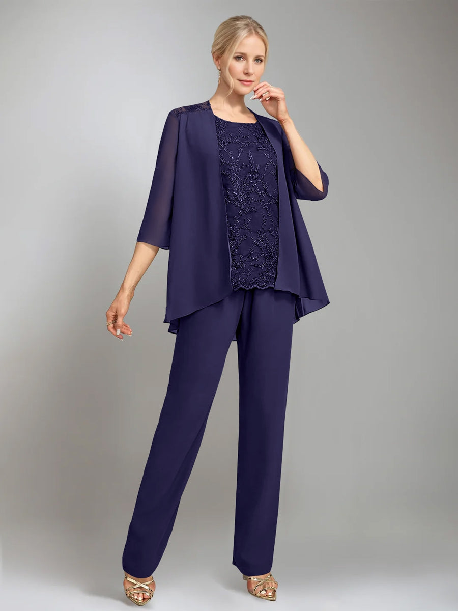 3 Morceaux Scoop Sans Manches La Longueur du SolTailleurs-pantalons pour mère de la mariée avec veste