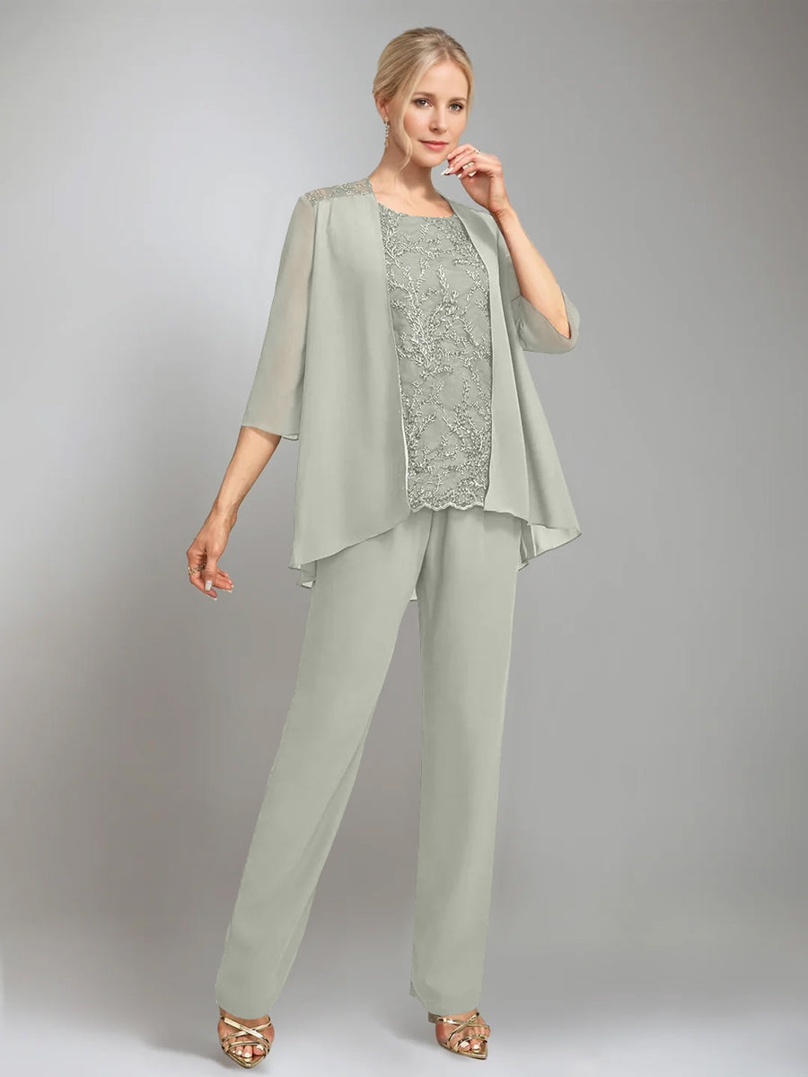 3 Morceaux Scoop Sans Manches La Longueur du SolTailleurs-pantalons pour mère de la mariée avec veste