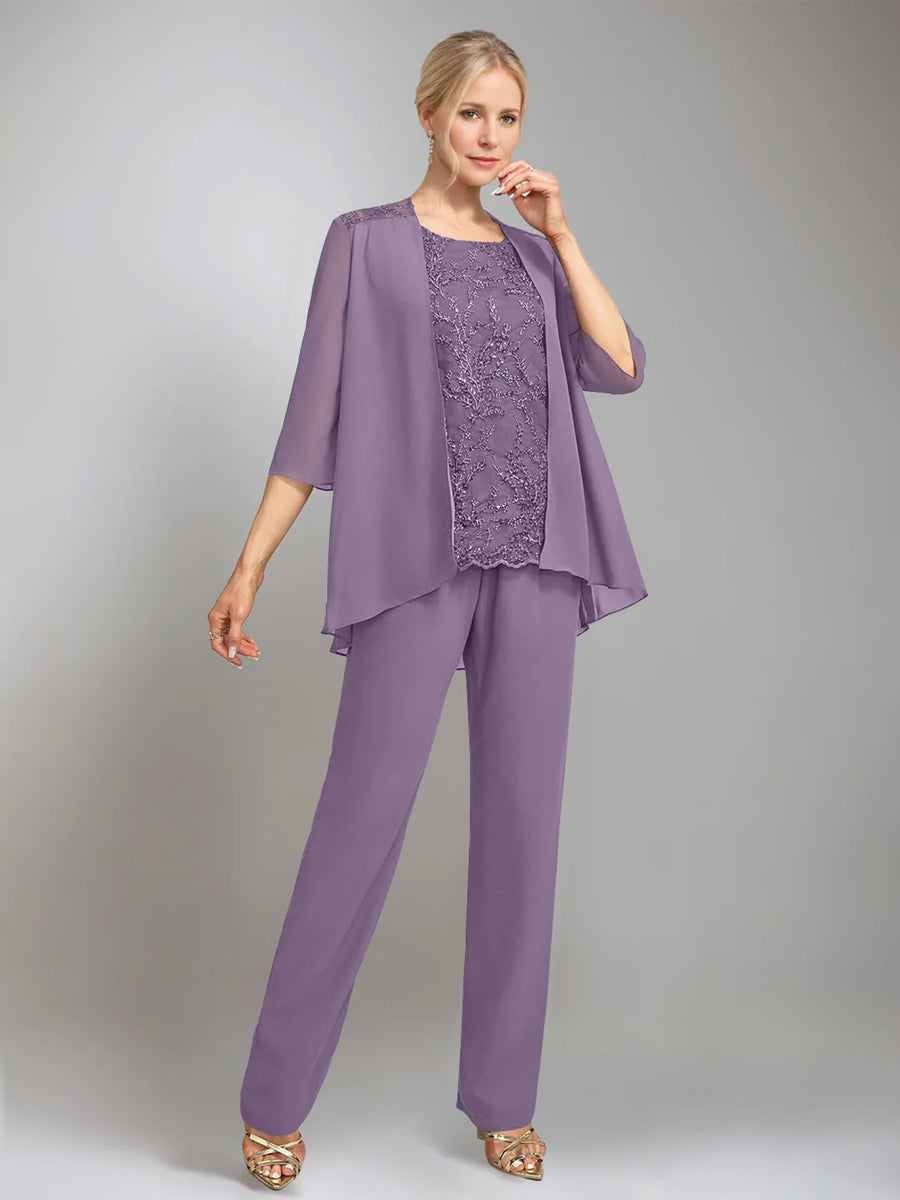 3 Morceaux Scoop Sans Manches La Longueur du SolTailleurs-pantalons pour mère de la mariée avec veste