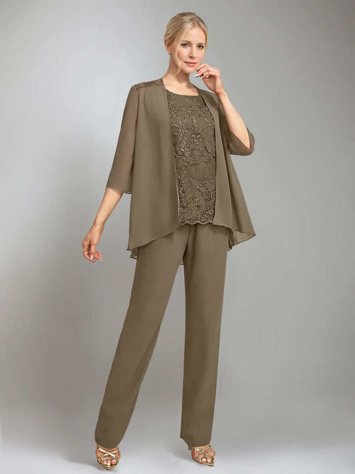 3 Morceaux Scoop Sans Manches La Longueur du SolTailleurs-pantalons pour mère de la mariée avec veste