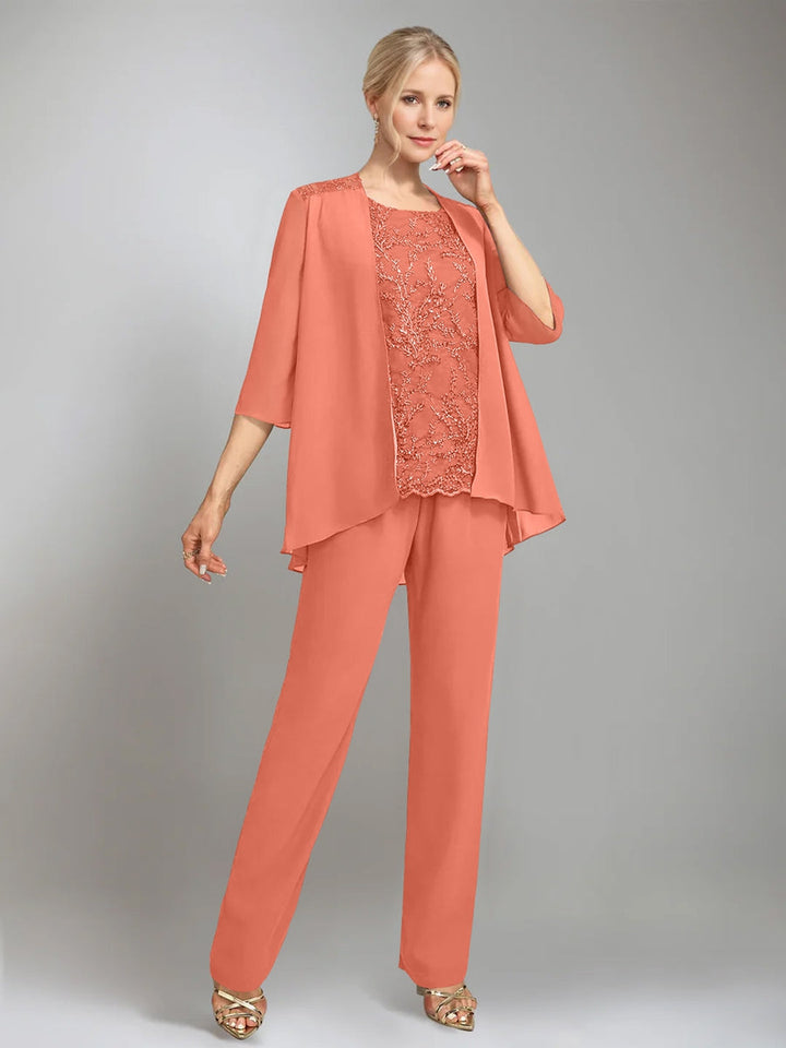 3 Morceaux Scoop Sans Manches La Longueur du SolTailleurs-pantalons pour mère de la mariée avec veste