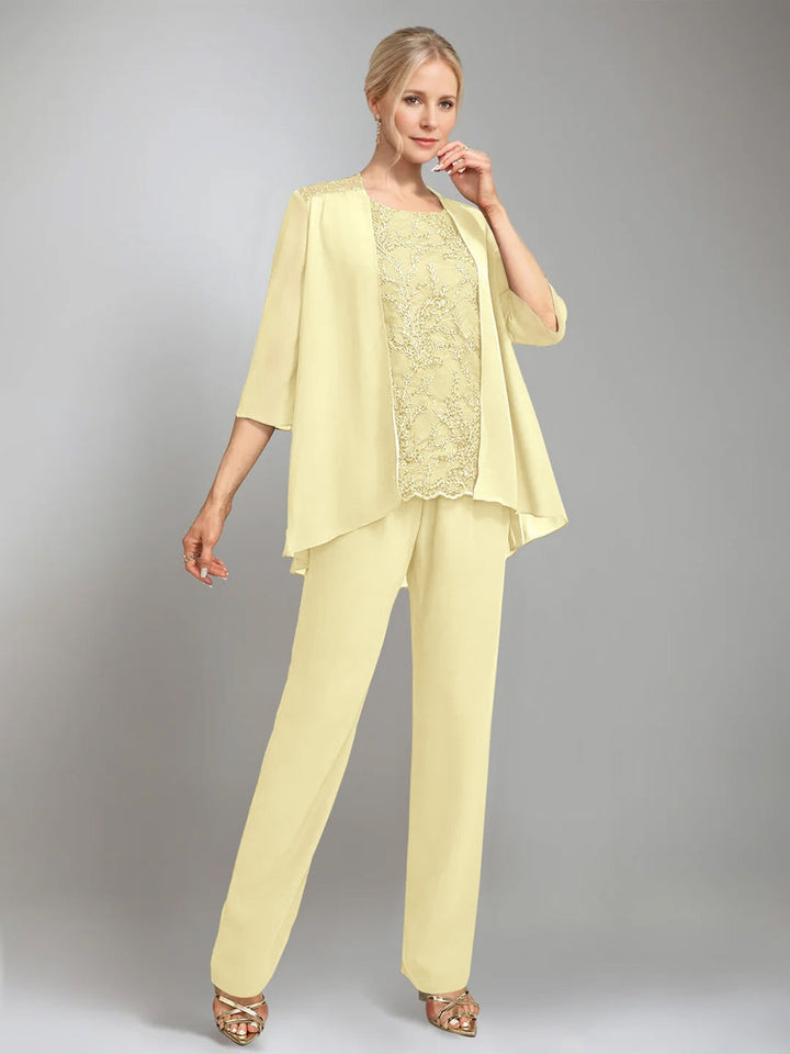 3 Morceaux Scoop Sans Manches La Longueur du SolTailleurs-pantalons pour mère de la mariée avec veste