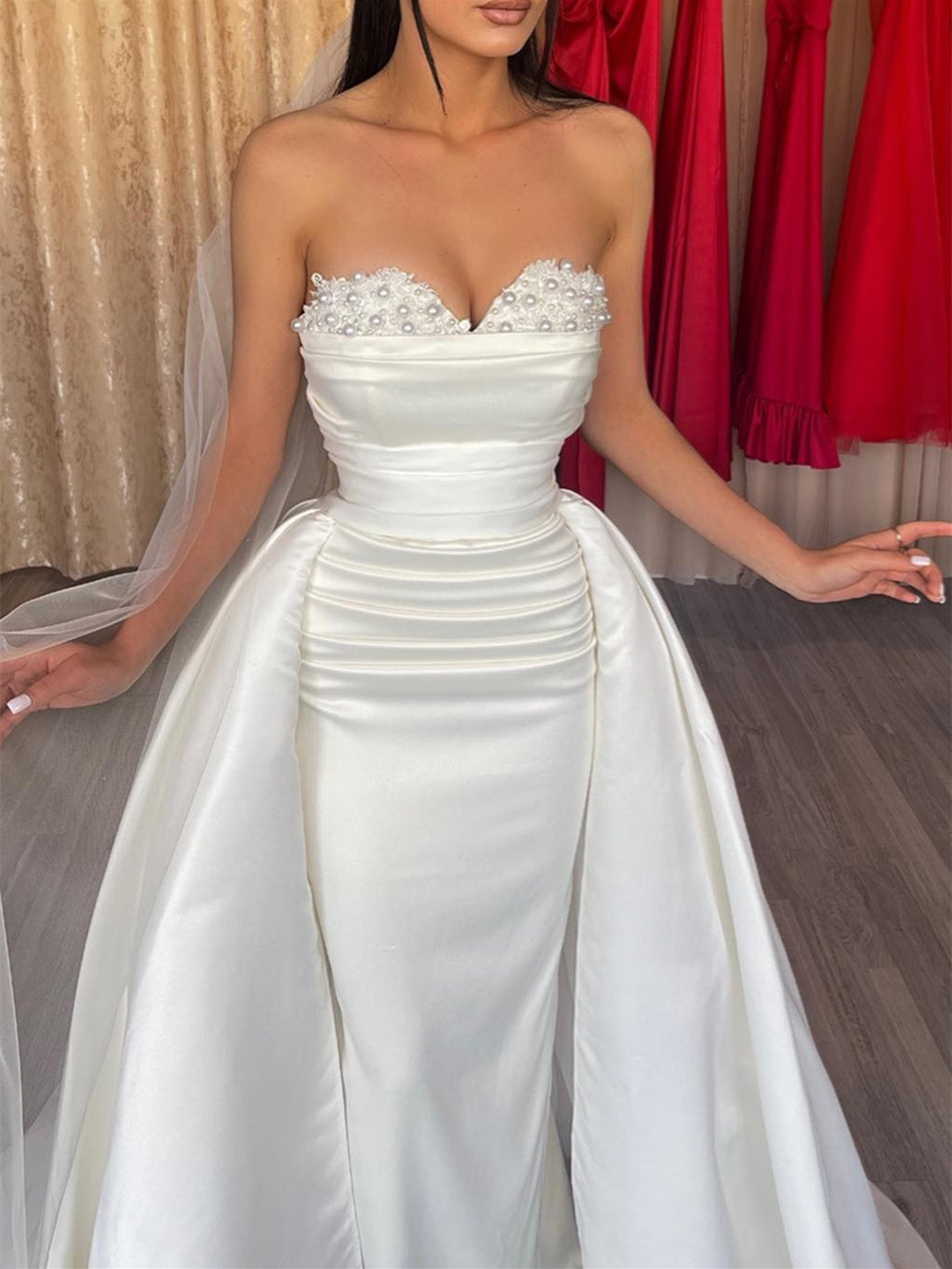 Robe de Mariée Longue Sans Bretelles à Coupe Fourreau/Colonne