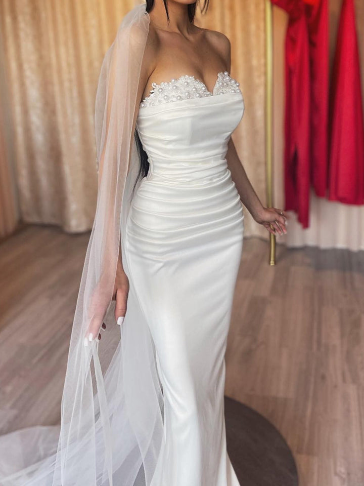 Robe de Mariée Longue Sans Bretelles à Coupe Fourreau/Colonne