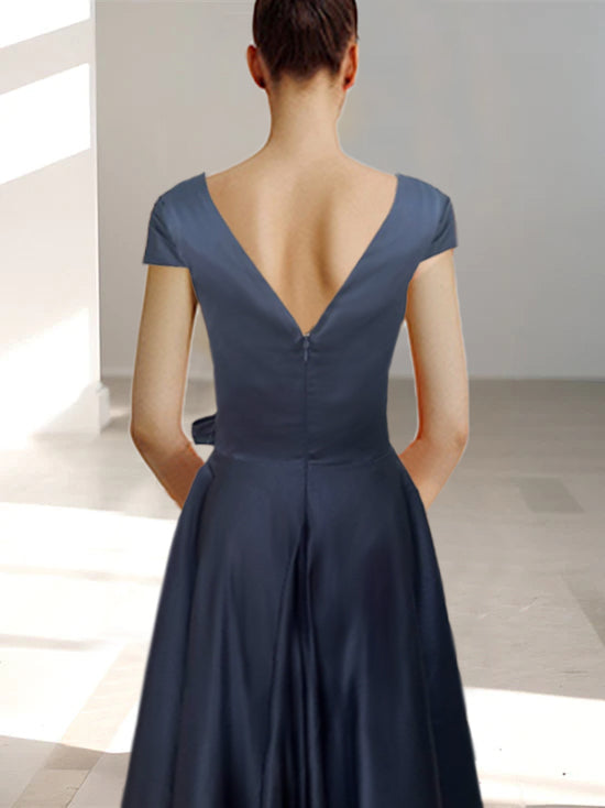 Robe de Mère de la Mariée Coupe A-Line/Princess, Col en V, Manches Courtes, Longueur Cheville, avec Poches et Volants