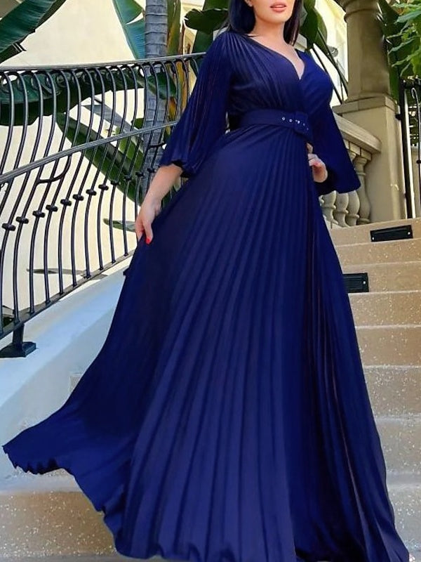 Robe de Cocktail Trapèze/Princesse à Col en V et Manches 3/4 avec Plis