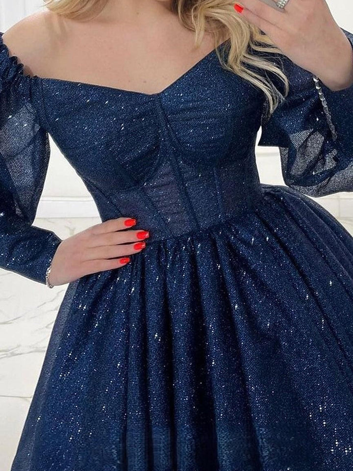 Robe de Cocktail Courte/Mini à Col en V et Manches Longues, Coupe Princesse, avec Paillettes