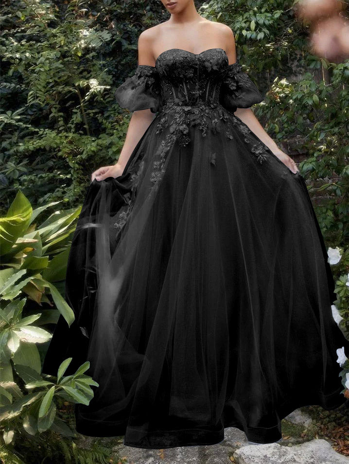 Robe de Bal Longue Trapèze/Princesse à Manches Courtes et Décolleté en Cœur avec Fleurs