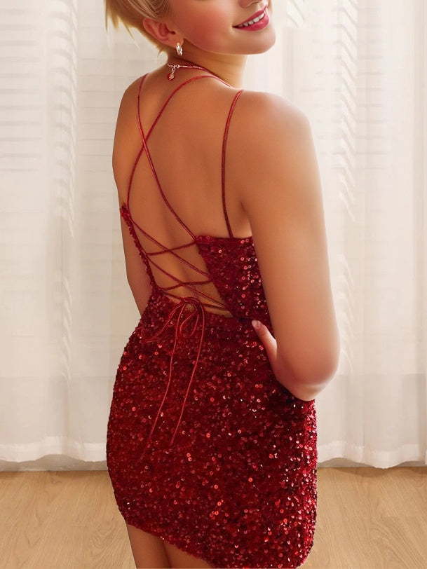 Robe Fourreau/Colonne à Bretelles Spaghetti Sans Manches Courte/Mini Robe de Soirée Dansante Cocktail de Retour à la Maison