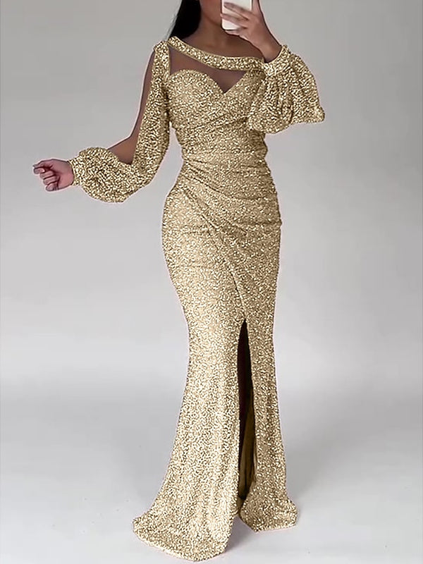 Robe de Soirée Sirène à Col Rond et Manches Longues, Longueur Au Sol, pour Mère de la Mariée, avec Fente Froncée