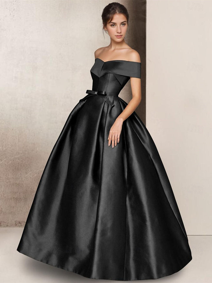 Robe de Mère de la Mariée Coupe A-Line Sans Bretelles, Manches Courtes, Longueur Au Sol, en Satin avec Nœud(S)
