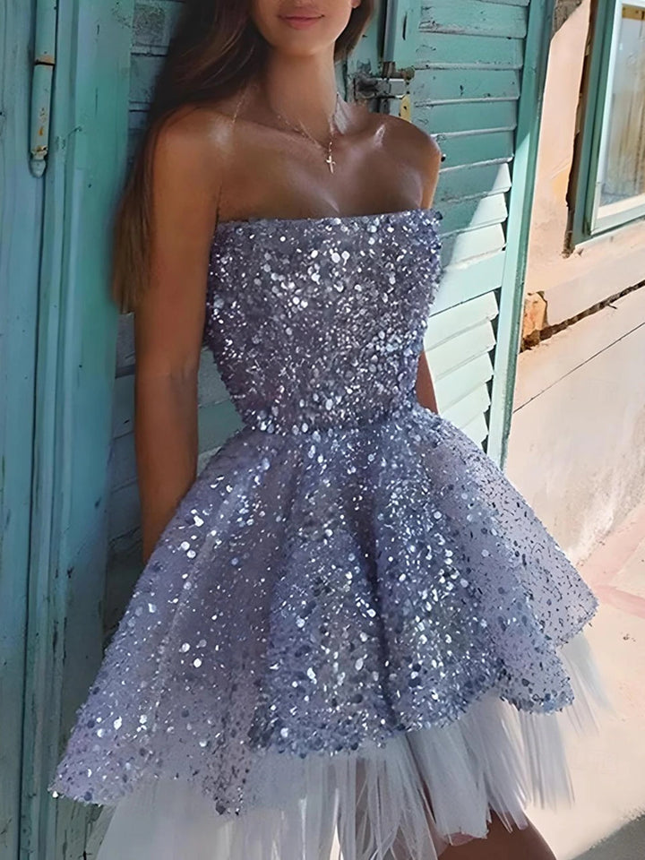 Robe de Cocktail de Soirée Sans Manches, Coupe Princesse, Sans Bretelles, avec Paillettes