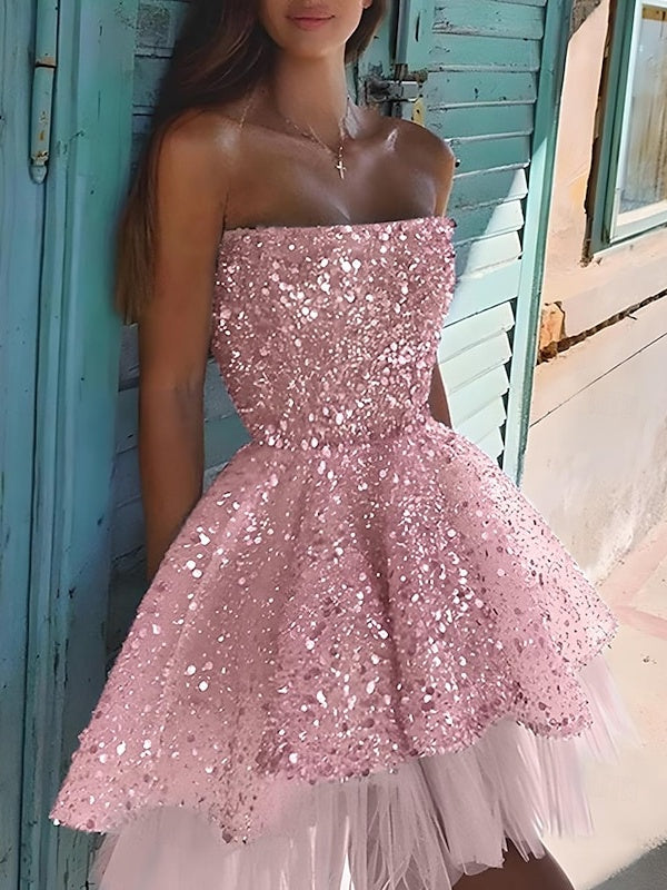 Robe de Cocktail de Soirée Sans Manches, Coupe Princesse, Sans Bretelles, avec Paillettes