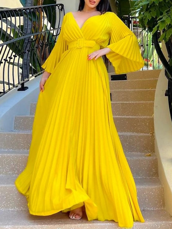 Robe de Cocktail Trapèze/Princesse à Col en V et Manches 3/4 avec Plis