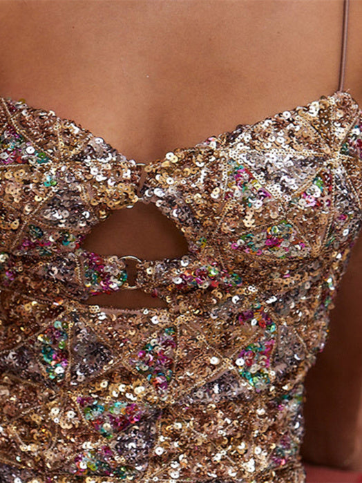 Robe de Soirée Courte/Mini à Bretelles Spaghetti Sans Manches et Fourreau/Colonne