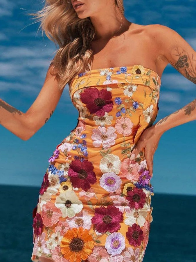 Robe Fourreau/Colonne Sans Bretelles Sans Manches Courte/Mini Robe de Soirée Dansante Cocktail de Retour à la Maison avec Broderie