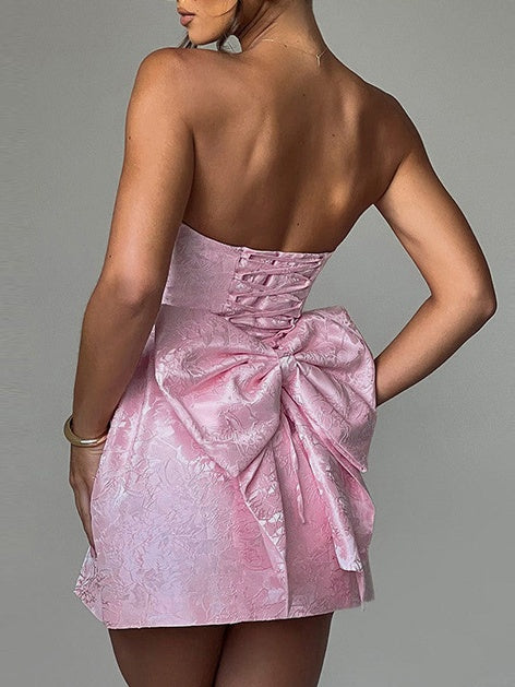 Robe de Soirée Courte/Mini Sans Manches, Coupe Trapèze/Princesse, Sans Bretelles, avec Nœud Papillon, pour Cocktail, Soirée