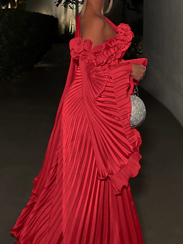 Robe de Soirée Trapèze/Princesse à Une Épaule et Manches Longues, Longueur Au Sol