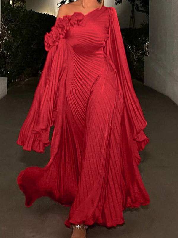 Robe de Soirée Trapèze/Princesse à Une Épaule et Manches Longues, Longueur Au Sol