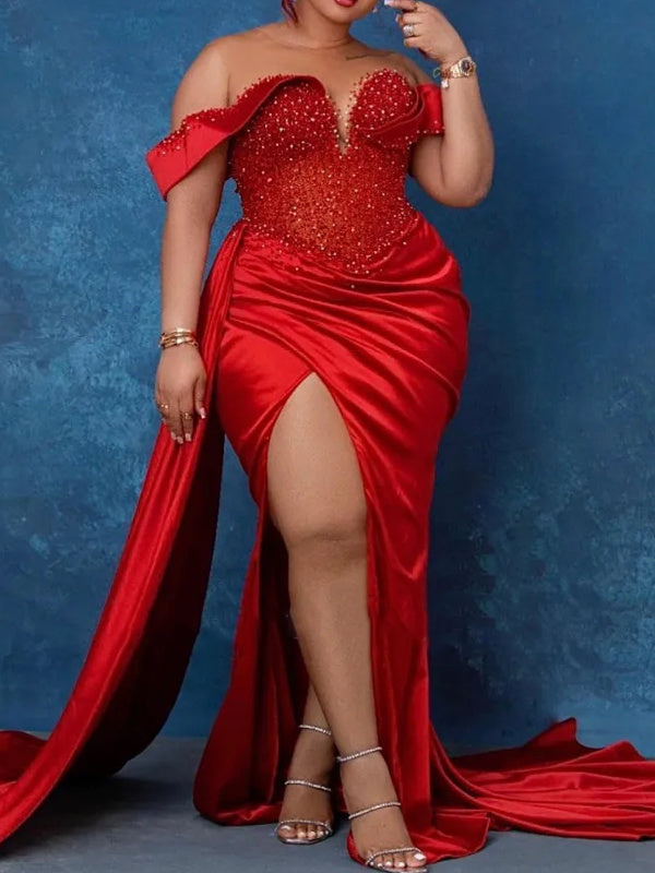 Robe de Soirée Sirène/Trompette Décolleté en Cœur Sans Manches à Traîne Longue et Fente Haute