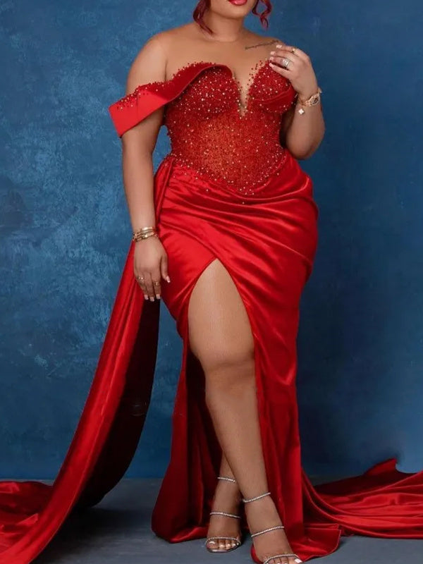 Robe de Soirée Sirène/Trompette Décolleté en Cœur Sans Manches à Traîne Longue et Fente Haute