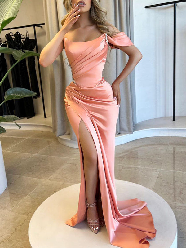 Robe de Bal en Satin Sans Manches à Traîne et Fourreau pour Mère de la Mariée