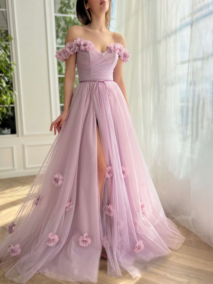 Robe de Soirée Trapèze/Princesse à Épaules Dénudées Sans Manches et Longueur Au Sol avec Fleurs