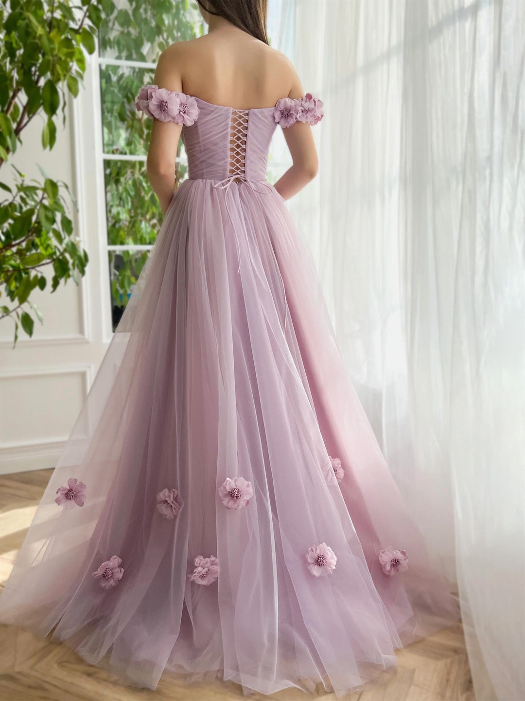 Robe de Soirée Trapèze/Princesse à Épaules Dénudées Sans Manches et Longueur Au Sol avec Fleurs