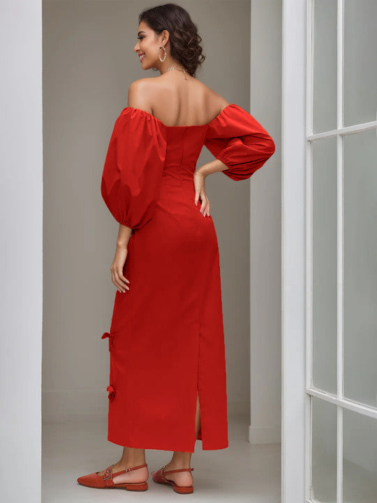 Robe Fourreau/Colonne Sans Bretelles, Manches Longues, Longueur Cheville, Soirée, Danse, Cocktail, Retour à la Maison, avec Mini-Nœud(S)