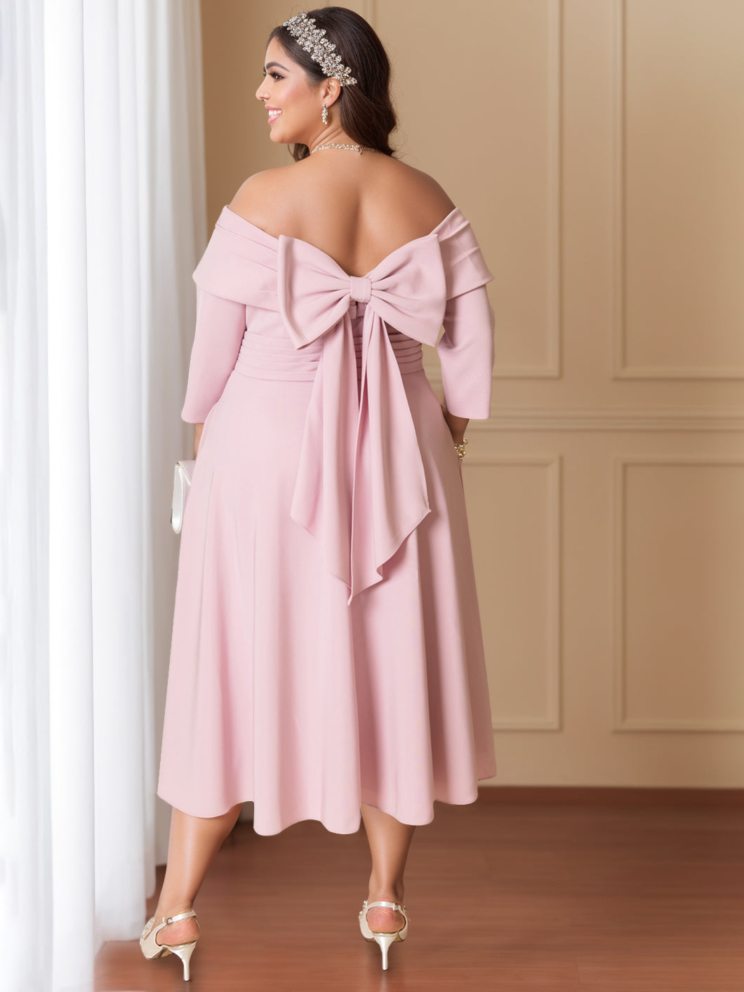 Robe de Mariée A-Line/Princess à Épaules Dénudées et Manches Mi-Longues avec Nœud