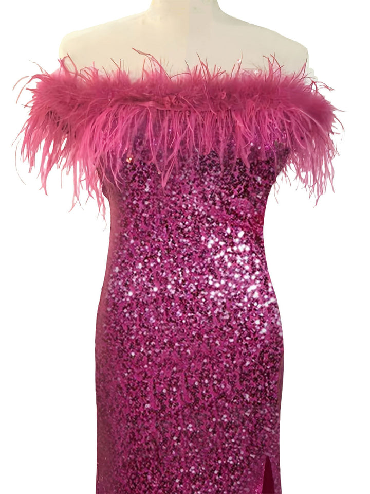 Robe de Soirée Fourreau/Colonne à Épaules Dénudées Sans Manches, Longueur Au Sol, Paillettes et Plumes