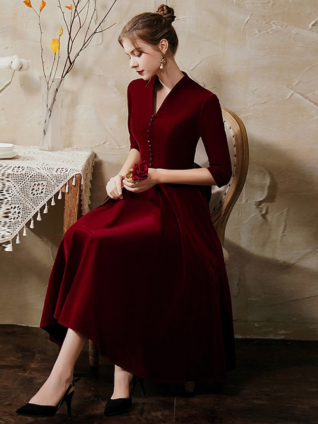 Robe Trapèze/Princesse Col V Bordeaux Élégante