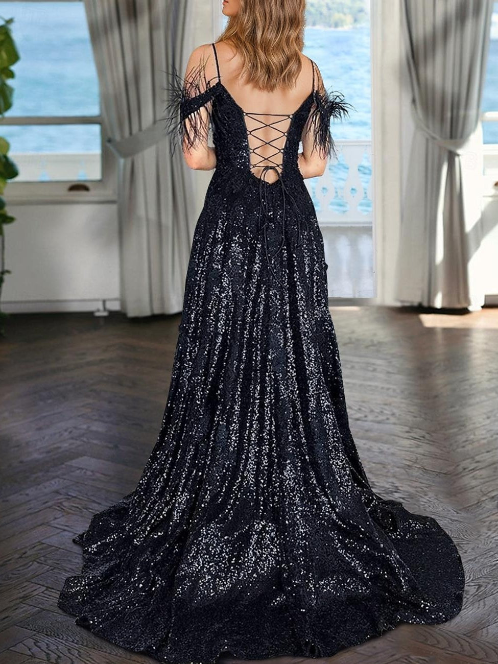 Robe de Soirée Trapèze/Princesse à Col en V Sans Manches, Longueur Au Sol, à Paillettes et Perles