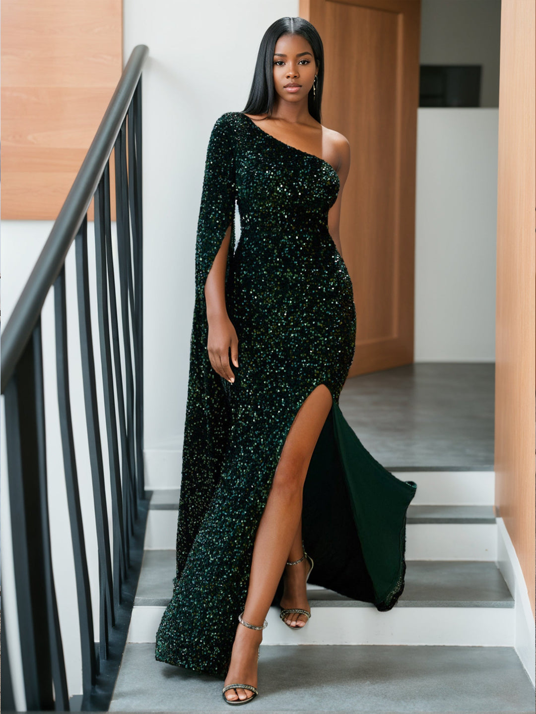 Robe de Soirée Longue de Style Sirène à Une Épaule et à Volants avec Fente Sur le Côté et Traîne Watteau