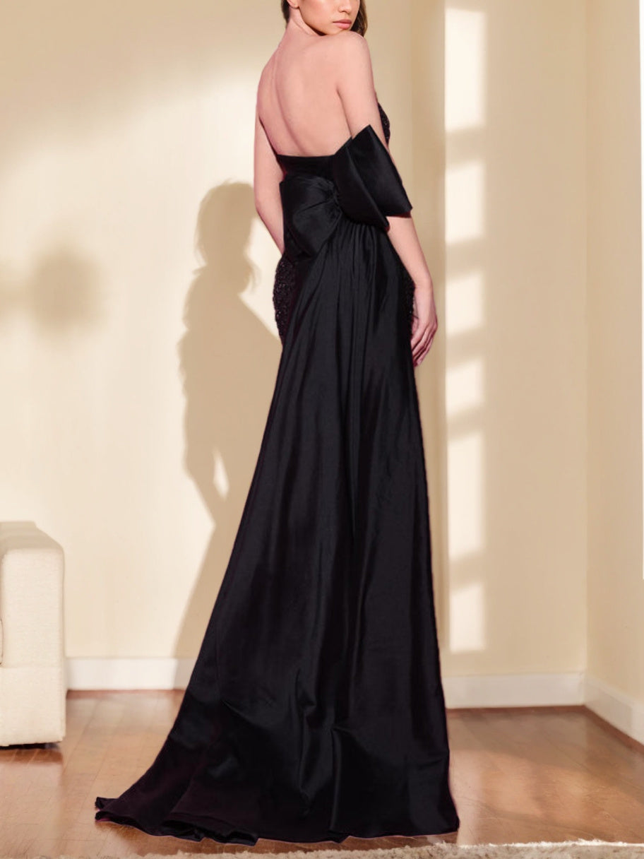 Robe de Soirée Longue Sirène/Trompette Sans Manches, Longueur Au Sol, avec Nœud Papillon