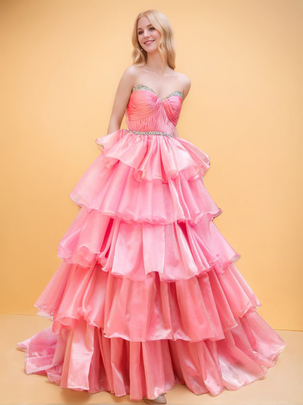 Robe de Bal en Organza à Volants et à Volants, Sans Manches, Longueur Au Sol, Longue, avec Volants et Volants